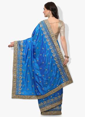 Blue embroidered silk blend saree with blouse 2