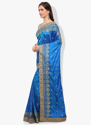 Blue embroidered silk blend saree with blouse 3