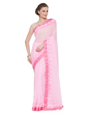 Pink embroidered georgette saree with blouse 1