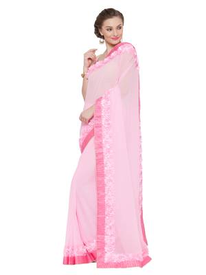 Pink embroidered georgette saree with blouse 3