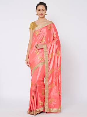 Pink embroidered silk blend saree with blouse 1