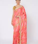 Pink embroidered silk blend saree with blouse