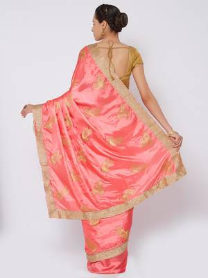 Pink embroidered silk blend saree with blouse 2