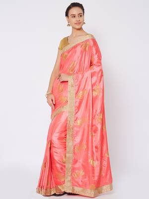 Pink embroidered silk blend saree with blouse 3