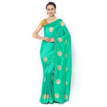 Turquoise embroidered silk blend saree with blouse 1