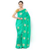 Turquoise embroidered silk blend saree with blouse
