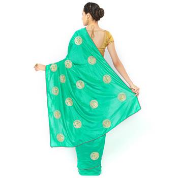 Turquoise embroidered silk blend saree with blouse 2