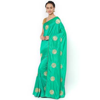 Turquoise embroidered silk blend saree with blouse 3