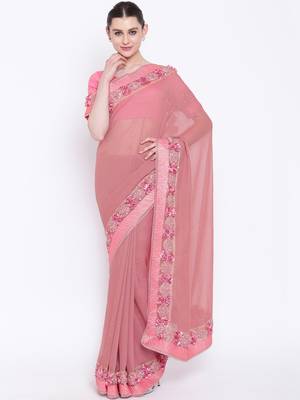 Pink embroidered georgette saree with blouse 1