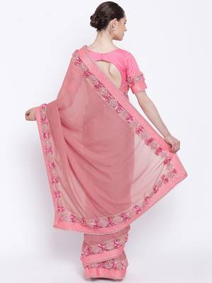 Pink embroidered georgette saree with blouse 2