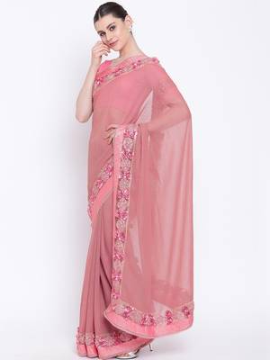 Pink embroidered georgette saree with blouse 3