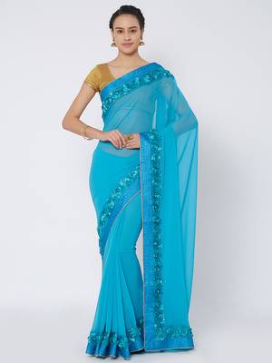 Blue embroidered georgette saree with blouse 1