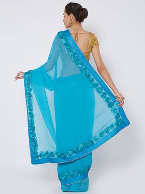 Blue embroidered georgette saree with blouse 2