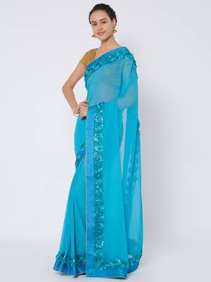 Blue embroidered georgette saree with blouse 3