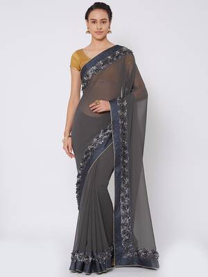 Grey embroidered georgette saree with blouse 1