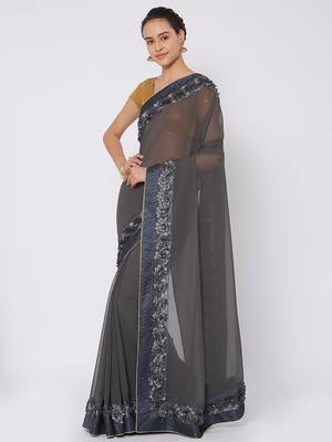 Grey embroidered georgette saree with blouse 3