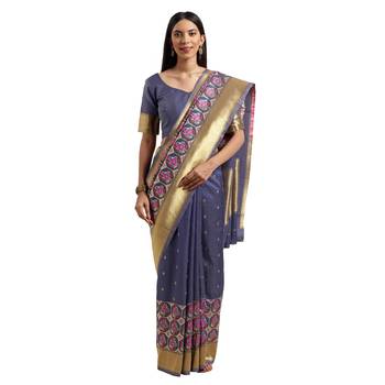 Navy Blue Woven Silk Blend Saree With Blouse 1
