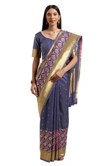 Navy Blue Woven Silk Blend Saree With Blouse