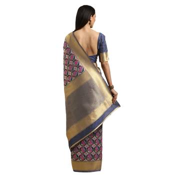 Navy Blue Woven Silk Blend Saree With Blouse 2