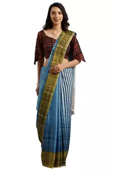 Blue Printed Cotton Silk Saree With Blouse