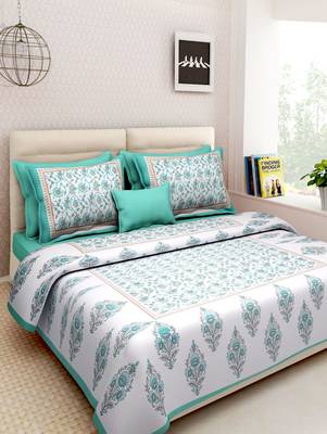 Dreamy Zone Aqua Printed Rajasthani King Size Bedsheet with 2 Pillow Cover 1