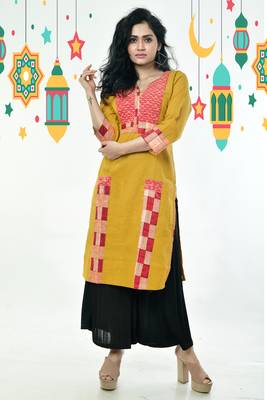 Dijon Yellow Kantha Stitched Cotton Kurti With Front Check And Side Border 1
