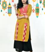 Dijon Yellow Kantha Stitched Cotton Kurti With Front Check And Side Border