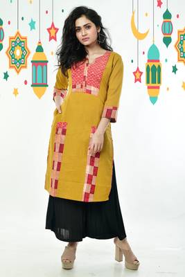 Dijon Yellow Kantha Stitched Cotton Kurti With Front Check And Side Border 2
