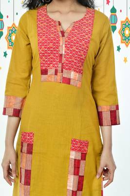 Dijon Yellow Kantha Stitched Cotton Kurti With Front Check And Side Border 3