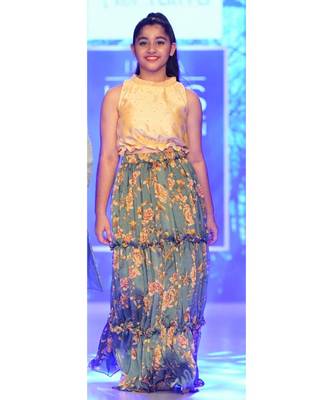 Lime Yellow and Multicolour Printed Floral Broccade Top and Chiffon Lehenga Designer Girls Lehenga 1