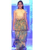 Lime Yellow and Multicolour Printed Floral Broccade Top and Chiffon Lehenga Designer Girls Lehenga