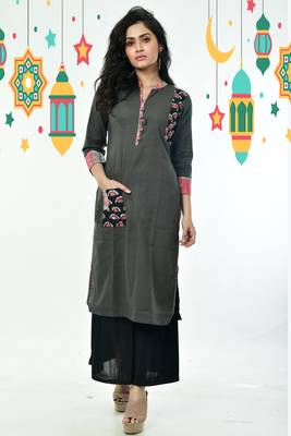 Dark Grey Pure Cotton Kurti With Side Patch Thread Work In Front Pocket 1