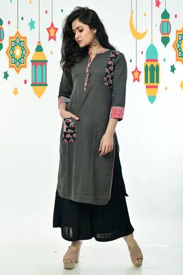 Dark Grey Pure Cotton Kurti With Side Patch Thread Work In Front Pocket 2