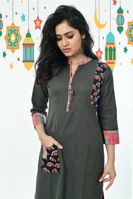 Dark Grey Pure Cotton Kurti With Side Patch Thread Work In Front Pocket 3