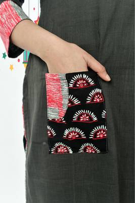Dark Grey Pure Cotton Kurti With Side Patch Thread Work In Front Pocket 4