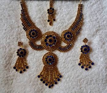 Traditional AD Zircon Stone Blue Fancy Stylish Party Wear Wedding necklace earring mangtika set 1
