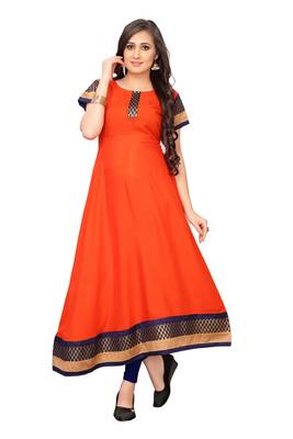 Orange plain rayon long-kurtis 1