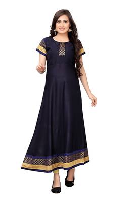 Navy-blue plain rayon long-kurtis 1