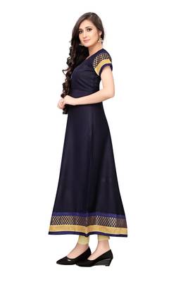 Navy-blue plain rayon long-kurtis 3
