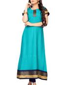Sky-blue plain rayon long-kurtis