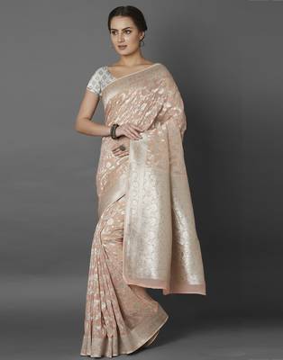 Peach woven viscose saree with blouse 1
