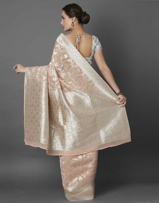 Peach woven viscose saree with blouse 3