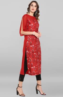 Janasya Red printed crepe ethnic kurtis 4