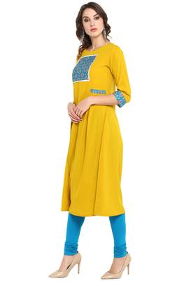 Janasya yellow printed crepe ethnic kurtis 4