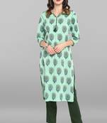 Janasya Sea-green printed cotton ethnic-kurtis