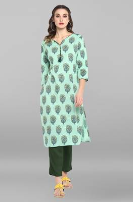 Janasya Sea-green printed cotton ethnic-kurtis 2