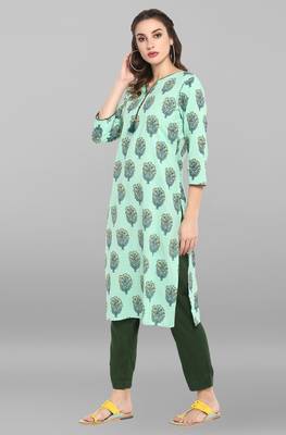 Janasya Sea-green printed cotton ethnic-kurtis 3
