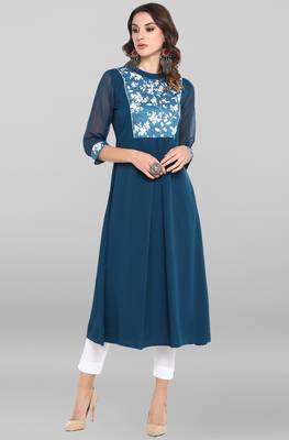 Turquoise printed crepe ethnic kurtis 1
