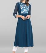 Turquoise printed crepe ethnic kurtis
