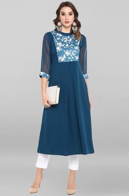 Turquoise printed crepe ethnic kurtis 2